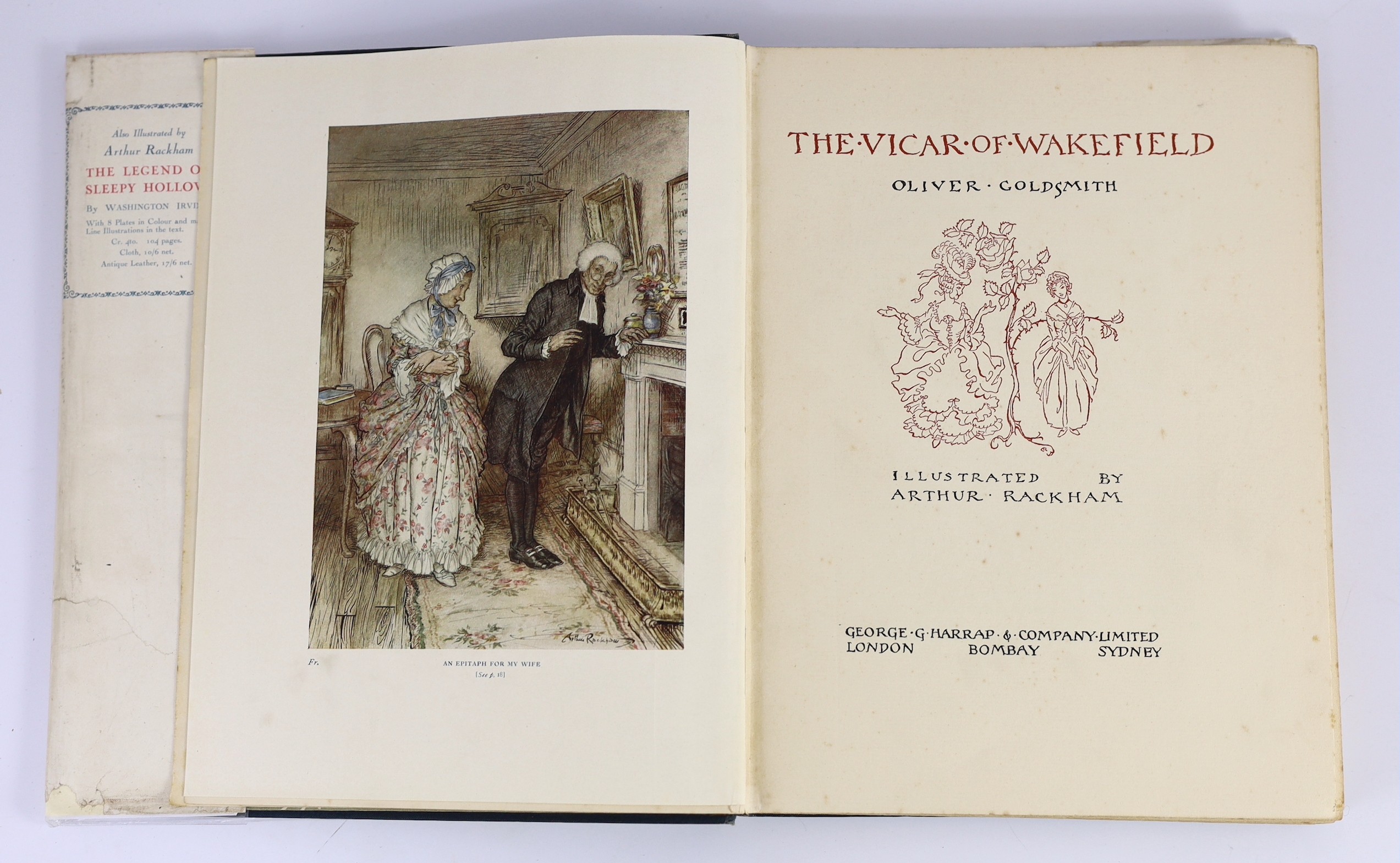 Goldsmith, Oliver - The Vicar of Wakefield, illustrated with 12 colour plates by Arthur Rackham, 4to, original cloth in d/j torn and with loss, school prize presentation inscription to half title, George G. Harrap & Co.,